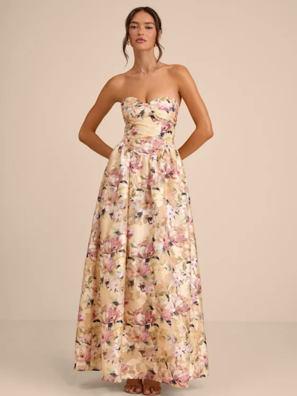 Lulu's Strapless Floral Maxi Dress in Pale Yellow and Pink